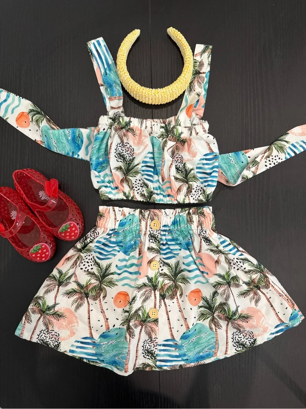Tropical Palm Two-Piece Girl Set - White, Blue, Peach
